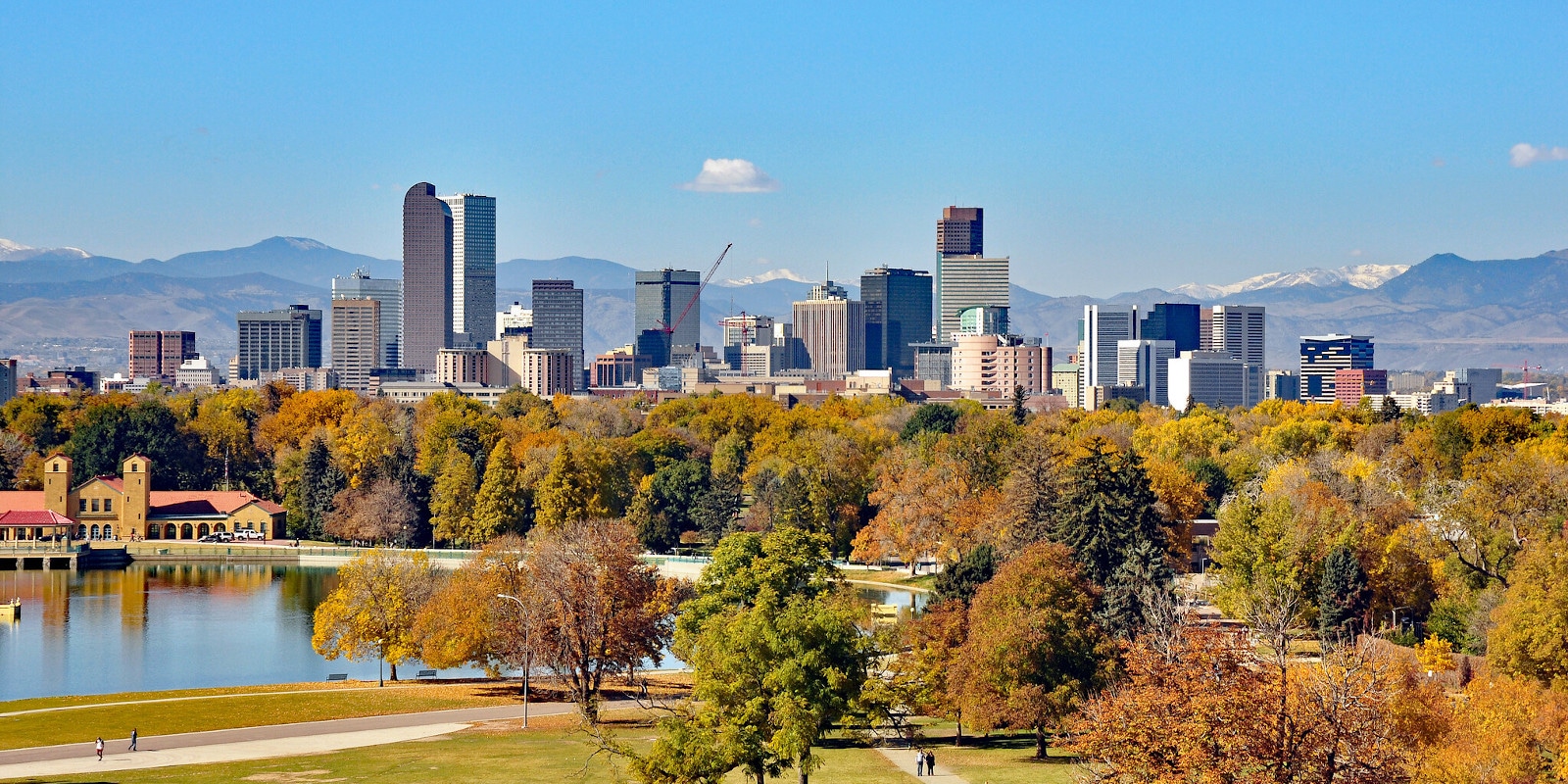 Denver skyline at sunrise with the Front Range beyond