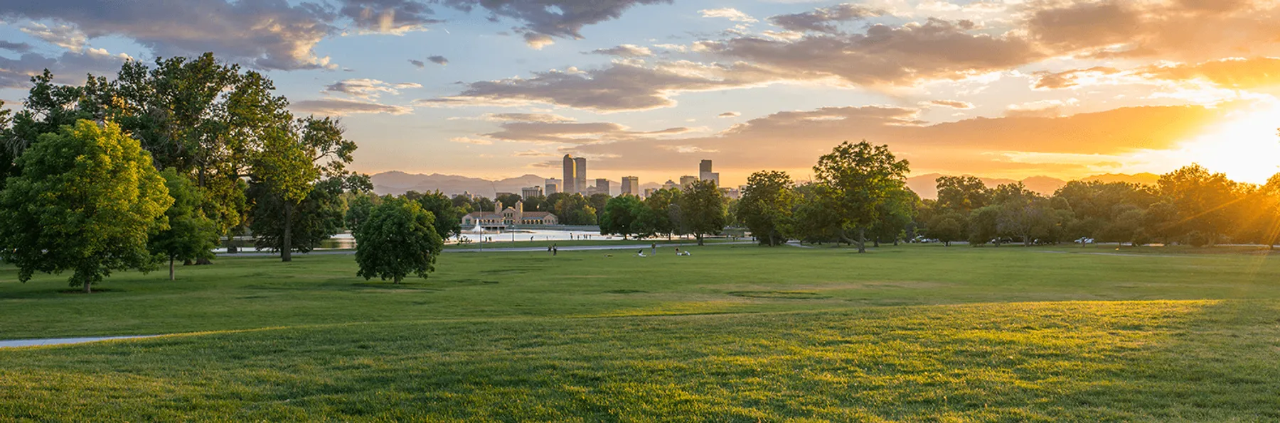 Denver skyline at sunset from City Park
